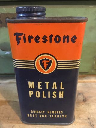 Vintage Rare 8oz Firestone Orange & Blue Metal Polish Tin Oil Can