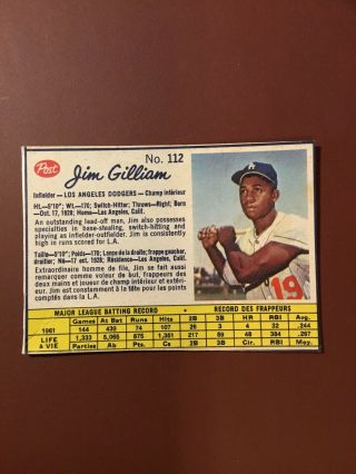1962 Post Cereal Canadian 112 Jim Gilliam Rare Short Print Los Angeles Dodgers