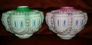 2 Antique German Hand Painted Cased Glass Oil Lamp Font Pink & Green Scallop