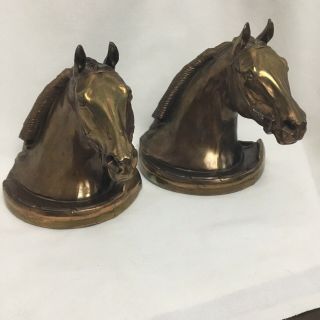 Gladys Brown Antique Bronzed Horse Head Bookends W/ Green Felt Bottom