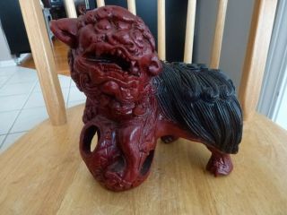 Vintage Hand Carved Wood Foo Dog,  With Floating Ball In Stand