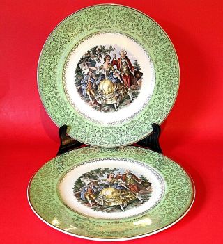 Courting Couple Cabinet Plates Set Of 2.  10 7/8 ".  Green With 23 Kt.  Gold Vintage