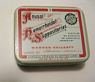 Rare Vintage Anusol Hemorrhoidal Suppositories Advertising Medicine Medical Tin