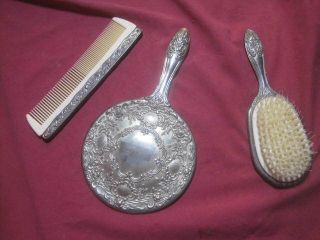 Antique 3 Piece Vanity Set Silver Plated Hair Brush,  Comb And Hand Mirror Set
