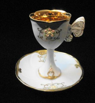 Vintage Hand Painted Lenwile Ardalt China Cup & Saucer - Butterfly Handle 6770 D