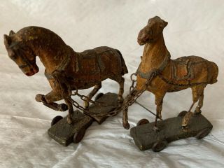 2 Antique Miniature Wood Horse Pull Toys Rare Antique Miniatures Only 4 " Tall