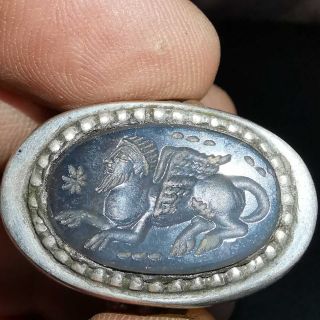 Sassanian Old Chalcedony Agate Stone Intaglio Silver Ring 39