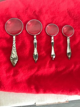 Rare Nos Vintage Set Of 4 Magnifying Glasses Ornate Silver Handles W/orig.  Case