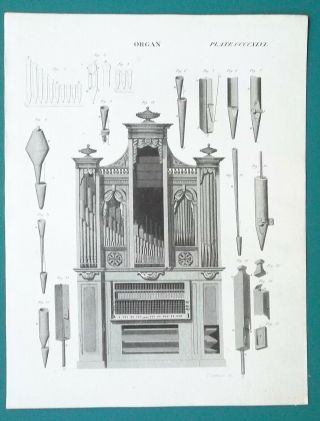 Organ Wooden Mouth Pipes Tubes Bassoon Vox Humana Trumpet - 1822 Antique Print