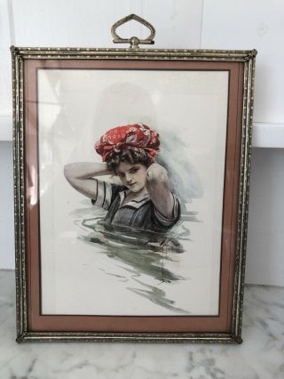 Vintage Lithograph By Harrison Fisher 1908 W/vintage Frame “woman In Water”