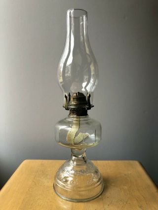 Vintage Antique Kerosene Oil Lamp Clear Glass Flange Kaadan Burner Chimney 
