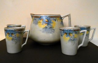 Large Rare Antique Hand Painted Cider Or Lemonade Pitcher & Cups,  1891 - 1921