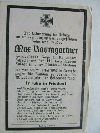 Rare Wwii German Death Card,  Kia By Partisans In Bosnia,  Wearing Youth Uniform