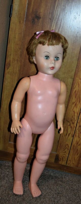Vintage 30 Inch Unmarked Doll Playpal Walker Pink Hair Bow Tight Joints