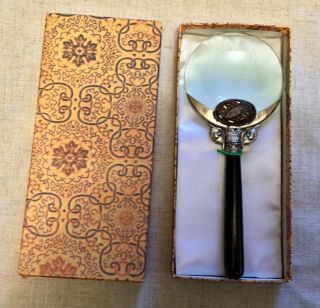 Antique Magnifying Glass Silver Plated/intricate/carved Fish/ Metal Handle W/box
