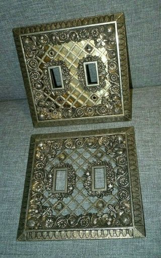 2 Vintage Ornate Decorative Brass Switchplates Double Gang Cherub Flowers Euc