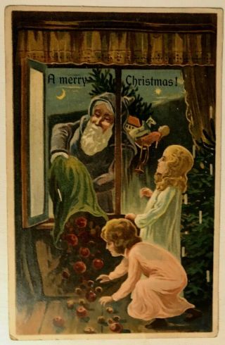 Christmas Purple Robe Santa Claus With Apples For Children Antique Postcard - M204