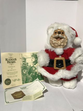 Rare Vintage 1989 Raikes Christmas Santa Teddy Bear Wood Face 2122/7500,  Certific