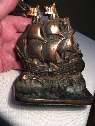 Vintage Bookends: Heavy Cast Iron Copper Finished Tall Clipper Sailing Ship.