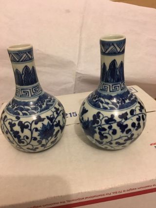 Pair Vintage Chinese Blue White Porcelain Small Vases