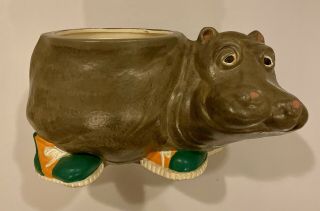 Vintage 1976 Ceramic Hippo Planter With Green Shoes