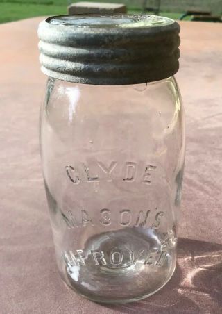 Antique Glass Clyde Mason’s Improved Quart Canning Jar 1871 Zinc & Glass Lid