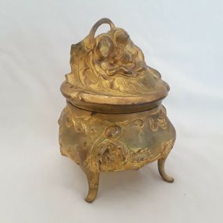 Antique Art Nouveau Metal Gold Gilt Jewelry Trinket Box Signed Jb Round Floral