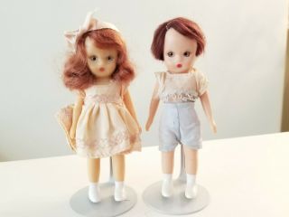 Storybook Little Girl And Boy Children Dolls With Stands Vintage