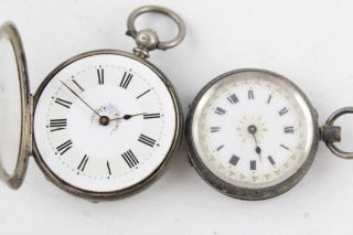 2 X Vintage Ladies.  800, .  925 Sterling Silver Fob Watches Key / Hand - Wind (73g)