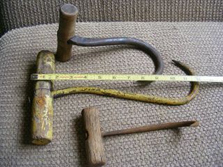 Vintage Three Hay/ice Bale Hook Hand Forged Iron & Wood Handles