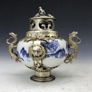 Chinese Old Incense Burner Tibetan Silver Copper Inlaid Blue And White Porcelain