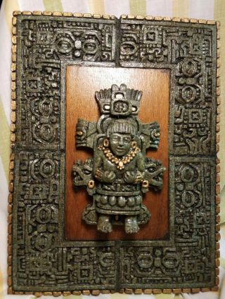 Rare Vintage Zarebski Industrias Creativas Crushed Malachite Aztec/mayan Plaque