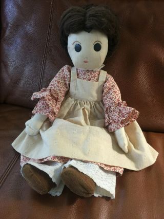 Vintage Handmade Rag Doll In Red And Ivory Dress & Embroidered Ivory Apron 20 "