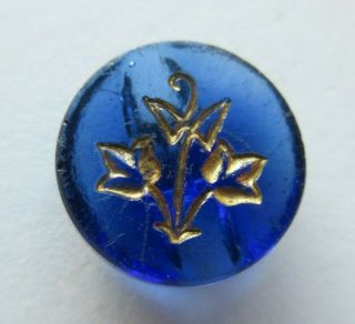 Striking Antique Vtg Victorian Cobalt Glass Button Gold Luster Flowers 3/4 " (p)