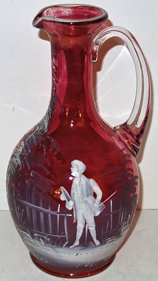 Antique/vintage Fenton Mary Gregory Hand Painted 9 - 1/2 " Cranberry Glass Pitcher