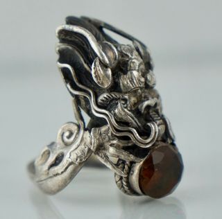 Chinese Export Sterling Silver Dragon Ring Vintage Antique Citrine Deco 900 Coin