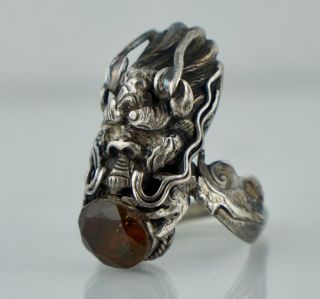 Chinese Export Sterling Silver Dragon Ring Vintage Antique Citrine Deco 900 Coin 2