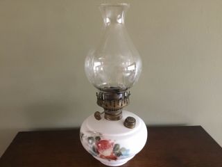 Antique White Milk Glass Handpainted Floral Oil Lamp,  Etched Chimney,  Oil Filler