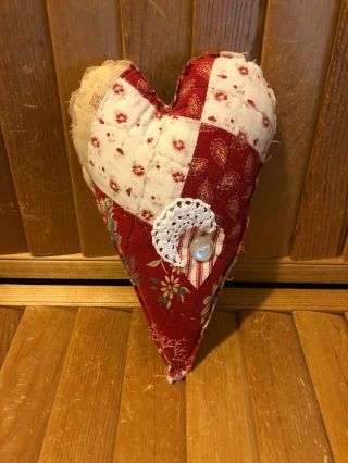 Primitive Quilted Heart Pillow - Doily,  Heart,  Button - Red/white