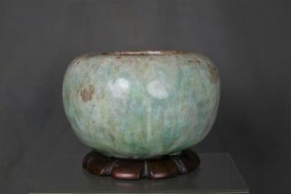 Rare Early Antique Chinese Celadon Bowl/pot With Carved Hardwood Stand