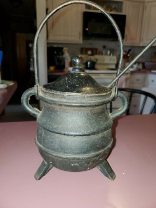 Antique Cast Iron Smelting Smudge Pot Fire Starter Oil Kettle W Lid And Wand