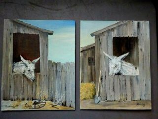 Set Of 2 Vintage Donkey Burro Oil Paintings - 8 " X 10 " - Unframed