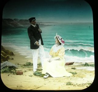 Antique Magic Lantern Slide Glass Hand Coloured Couple Ob Beach Courting