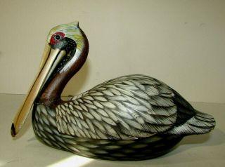 Wooden Carved Brown Pelican Bird Sculpture Solid Wood