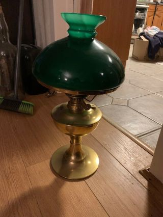 Rare Vintage Brass Duplex Oil Lamp With Green Shade