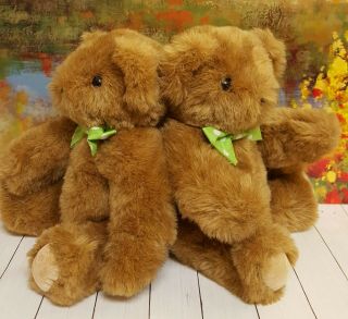 " Vermont Teddy Bear Company " Teddy Bears 11 " (28cm) Plush,  W/ Green Bows