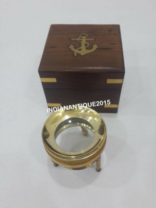 Nautical Brass Chart Map Glass Magnifying Desk Lens Magnifier With Wooden Box