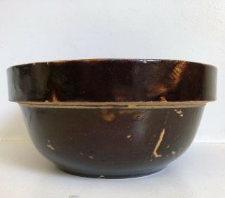 Antique Mixing Bowl Primitive Brown Crock Stoneware 4”x 8.  5” Yellow Ware