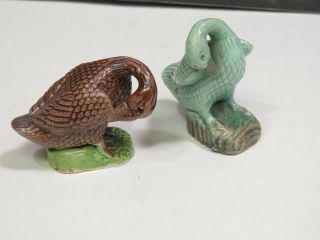 2 Antique Chinese Export Porcelain Geese Duck Figurines Brown Blue