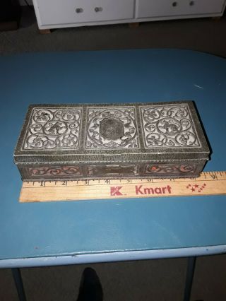 Antique White Metal And Wood Trinket Box